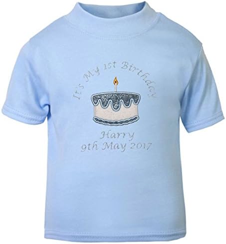 Little Stitches Baby Boy’s Personalised 1st Birthday Cake T-Shirts (Cake Smash) (Blue)
