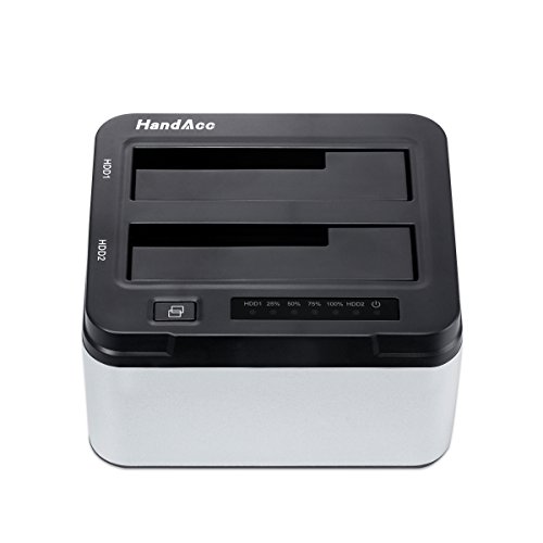 HandAcc USB 3.0 Offline Klon Docking Station mit 2 Einschüben, optimiert für HDD / SSD Festplatte, 2,5″ und 3,5″, 2,5 und 3,5 Zoll (SATA I / II / III), inklusive USB 3.0 Kabel und 12V 4A Netzteil, unterstätzt 2x 6TB - 2