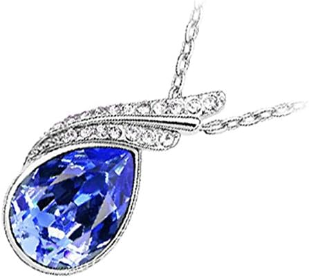 UPCO 12 x 25MM Sterling Silver Plated Water Drop Pendant Necklace with Sapphire Main Stone and 2 Crystals Covered Waves on Top