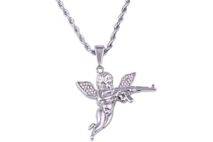 GIONATAN SHOP Collana con Pendente Angelo con Fucile AK-47 Moda Hip hop Punk ciondolo con Strass Brillanti Colore Argento