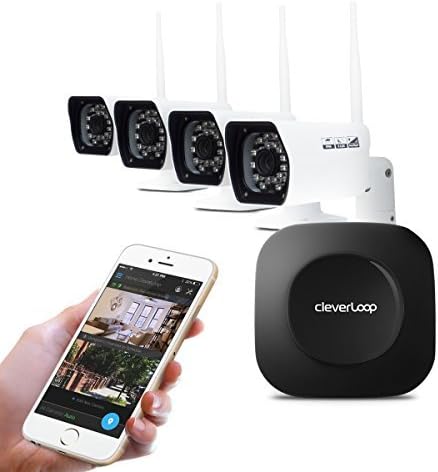 CleverLoop smart Wi-Fi security camera system with 2 indoor +2 outdoor Wi-Fi security cameras & Rapid Learning technology. Security kit incl Base, 4 x wifi cameras, security app, no monthly fees