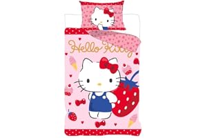 Hello Kitty Babypåslakan 100x135 + Örngott 40x60 Bomull Rosa Jordgubbar
