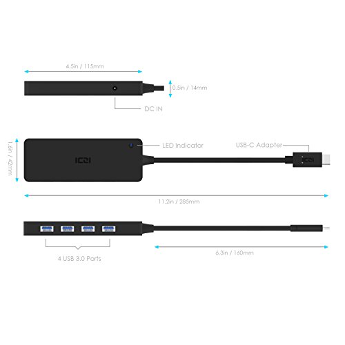 ICZI USB C HUB, 4x USB 3.0 Ports, vernickelt Stecker, schlank Entwurf mehr dünn, für MacBook, Windows Laptop andere USB C kompatibel Geräten, Schwarz - 3