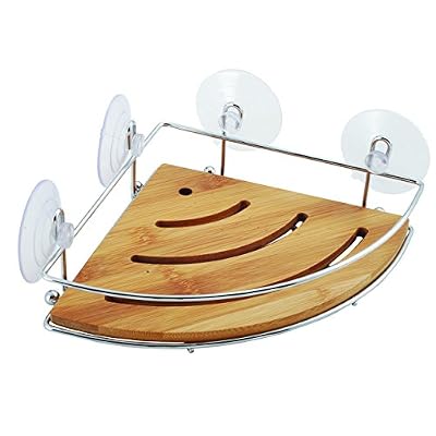 MSV 140609 Serveur de Douche d'Angle avec Ventouses Métal Chromé/Bambou 20 x 20 x 6,5 cm