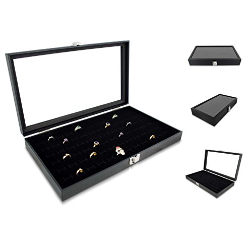 VENKON – Ringbox für 72 Ringe Organizer mit Schaufenster aus Glas für Schmuck Aufbewahrung & Präsentation – Kunstleder Schwarz – 37 x 21 x 5 cm - 2