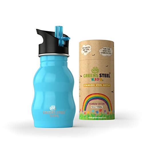 Kids Stainless Steel Water Bottle 350ml - Sippy Cup Leak Proof Sports Cap with Straw - Metal Kids Bottle - Toddler Child Friendly Flask (Blue)