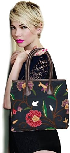 (C-4) SD Fabrics® Women's Hand Crafted Crewel Embroidered Large Tote 100% Pure Italian Faux Leather Bag