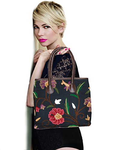 (C-4) SD Fabrics® Women's Hand Crafted Crewel Embroidered Large Tote 100% Pure Italian Faux Leather Bag