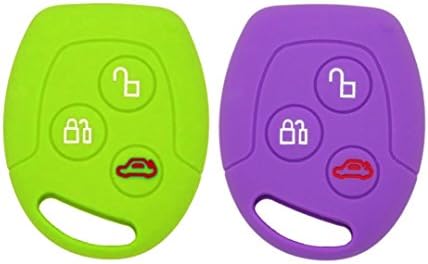 2 Pack Ford 3 Buttons Silicone Car Key Protection Case / Car Key Cover / Fob Holder - Universal Accessories for Ford Mondeo Festiva Fiesta Focus Transit Connect C-Max KA Galaxy S-Max(Green+Purple)