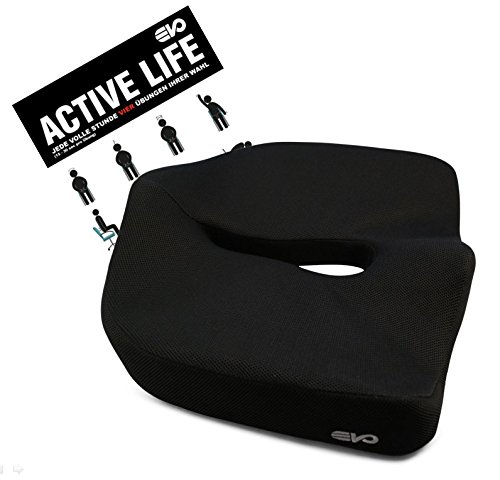 Ergonomisches Sitzkissen - Das Original von evo-cative – Orthopädisch, schmerzlindernd und vorbeugend gegen Rückenproblemen - Unterstützt eine gesunde und aufrechte Haltung - Memory-Schaum - inkl. Übungsposter