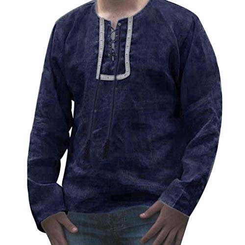 Preisvergleich Produktbild UJUNAOR Herren Langarmshirt / Basic Langarm Shirt mit Rundhals Ausschnitt / Longsleeve Tether Retro Tops(Marine,Large)