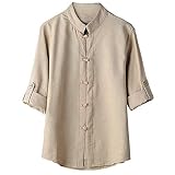 T-Shirt Herren Sommer Klassischen chinesischen Stil Kung Fu Fitness Shirt Tops Tang Anzug 3/4 Ärmel Leinen Einfarbig Bluse Kurzarm Top Trainingsshirt Khaki Shirt