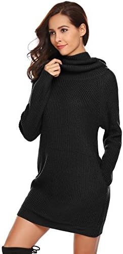 zeela Womens Casual Turtle Neck Jumper Dress Long Sleeve Loose Oversized Knit Pullover With Pockets