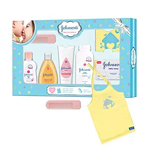 Johnsons Baby Care Collection with Organic Cotton Baby Tshirt (7 Gift Items, Blue)
