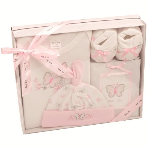 Really Cute 4 Piece Set By BeeBo Comprising Of Booties, Hat, Bodysuit And Photo Album Presented In Gift Box - Pink 0-3 Mths