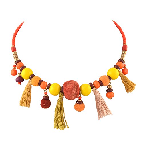 Ornamenta Fashion Beaded Torque Choker Statement Necklace with Pompoms For Girls