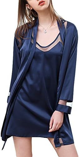 AIKOSHA Women's Silky Satin Trim Strappy Night Dress &amp; Dressing Gown 2 Piece Nightie Set