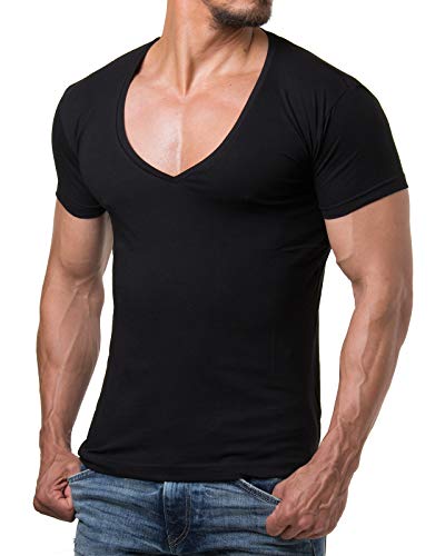 Re Rock - 12 Colores Camisetas Hombre Manga Corta con Cuello En V Ajustada - Deep V-Nech Slim Fit T-Shirt - Negro en M