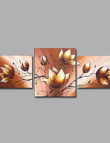 OFLADYH Ready to Hang Stretched Hand-painted Oil Painting 60"x24" Three Panels Canvas Wall Art Flowers Brown Magnolia
