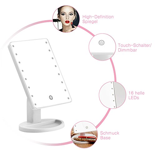KYG USB Ladeanschluss Make up Spiegel 16 LEDs,Dimmerbar,Touch Schalter Schminkspiegel,batteriebetrieben Beleuchtet Kosmetikspiegel Weiß - 4