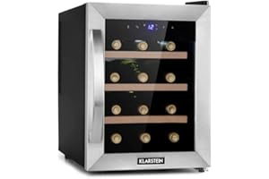 KLARSTEIN Cantinetta Vino, Cantinetta Vino Refrigerata a Zona Singola per Interno/Esterni, Frigo Bar, Cantina Vino con Vetrina, Mini Bar con Protezione UV, Frigo Vino Touch, 11-18°C, 12 Bottiglie