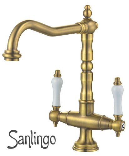 Nostalgie Retro Küchen Zweigriff Armatur Gold Antik Messing Schwenkbar Sanlingo