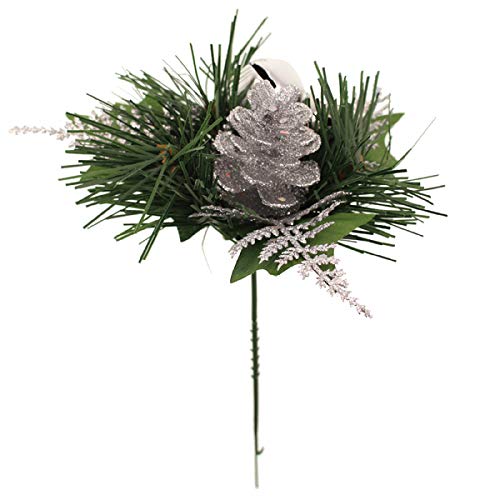 Floralcraft Silver Glittered 19cm Christmas Pick with Sleigh Bells and Pine Cone 1 or 6