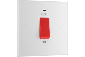 BRITISH GENERAL BG Electrical Cooker Control Switch Unit with LED Power Indicator, Single Plate, Double Pole, Square Edge, Nexus 900 Series, White Moulded, 45A, 974