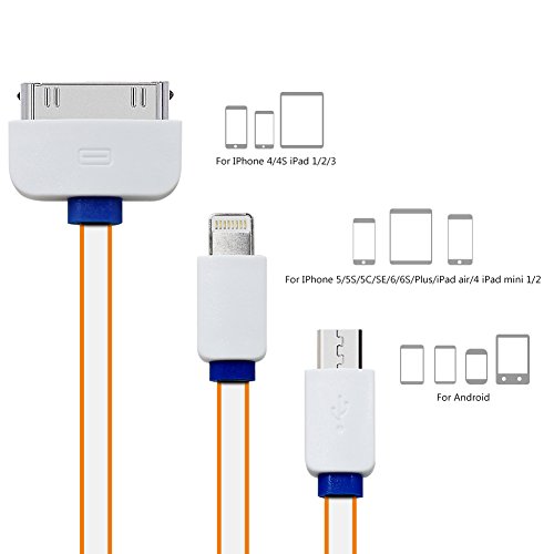 USB Kabel, 3 in 1 Multi Universal USB-Ladekabel anzupassen Kabel für iPhone5 5S 6 6S Plus iPad 4 5 Air Pro Mini 2 3 4, iPhone 4 4S, Samsung, HTC, LG G3 G4, Energien-Bank und anderen Android Phone (Orange) - 2