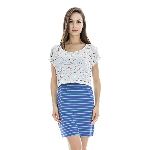 Bearsland Women's Breastfeeding and Nursing Striped Summer Dress with Shirt Over Top Blue UK Size 14-16