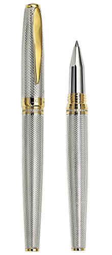 Xezo Solid 925 Sterling Silver Serialized Fine Rollerball Pen, 18K Gold Plated with Screw-On Cap. Swarovski Crystals Band (Maestro 925 Sterling Silver R-G)