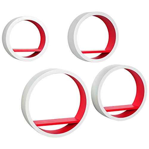 WOLTU RG9231rt Lot de 4 Étagère Murale Ovale pour Livres/CD/DVD,rétro étagère en MDF,Blanc Corail Rouge