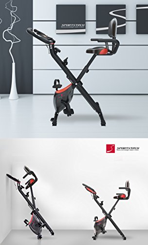 Sportstech Vélo d'Appartement F-Bike X100-B 4-en-1 Home Trainer Vélo d'intérieur, X-Bike pour Adulte, poignées avec cardiofréquencemètre, Cordes de Traction, Support pour Tablette, Dossier inclinable