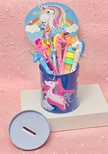 Le Delite Unicorn piggy bank unicorn gel Pen ,Cute Pen, Cute mix Stationary combo, cartoon mug tin box / pen stand,Pen for Kids, Best Gift for Girls kids,Unicorn Pens | unicorn pencil | unicorn stationary | Unicorn Combo Set