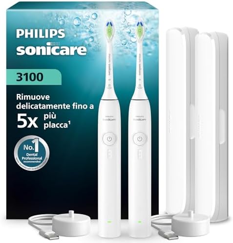 Philips Sonicare Serie 3100 - Spazzolino elettrico sonico, Sensore di pressione, 3 intensità, EasyStart, SmarTimer, autonomia 14 giorni, custodia, bianco, confezione da 2, HX4072/41, [Nuovo]
