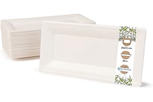 BIOZOYG vajilla desechable de caña de azúcar compostables I 50 pieza plato de fiesta rectangular 26 x 13 cm blanco I plato biodegradables de caña de azúcar para aperitivos entradas antipasto Steak