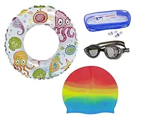Majik Summer Latest Combo for Kids Boys Swimming Ring Tubes Water Proof Silicon Caps and UV Protection Goggles and Earplugs 30 Grams Multicolor Pack of 1