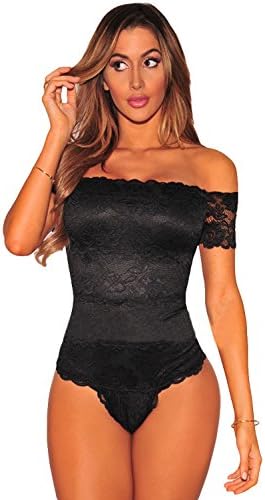 LETSDO New Women Black Lace off Shoulder Bodysuit (L, Black)