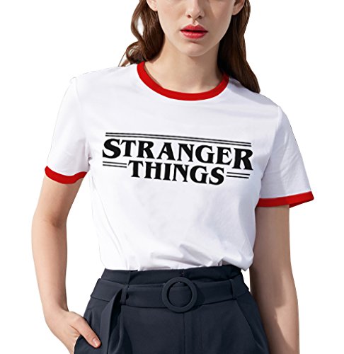 Shirt Ringer Tee Best Friends T Shirt Teen Girls Shirts Cute Short Sleeve Round Neck Printed Casual Letter T Shirts Tops for Women's(red-Stranger-M)
