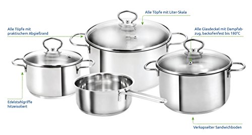 Kopf Topfset Merkur aus Edelstahl 4-teilig, Kochgeschirr Induktion, Kochtopf-Set mit Innenskala und Schüttrand, Kochset, 3 Töpfe, 1 Kasserolle mit Glasdeckel und Dämpfeinsatz - 2