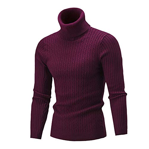 Luiyy Suéter de Hombre Otoño Invierno Jersey Slim Tops Cuello Alto Prendas de Punto de Hombre Abrigo de Hombre Blusa Chaqueta Abrigo Jersey Ajustado Ocasionales al Aire Libre Sudadera(Vino Rojo,L)