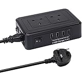 J-Bonest Power Strip 2 Way Outlets with Safety Door &amp; 4 Smart USB Ports Extension Lead Power Strip Surge Protector USB Charger Power Socket with 1.8m/5.9ft Detachable Power Cord (Black)