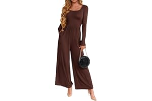 Sukiglam Mono Mujer Manga Larga Cuello Cuadrado Pantalones de Pierna Ancha Slim Jumpsuit con Bolsillos Casual Monos Elegante Romper Una Pieza Informal de Elasticidad Cintura Alta Enterizo para Salir