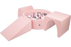 KiddyMoon Aire De Jeux en Mousse avec Rond Piscine À Balles (200 Balles) Fosses À Boules pour Enfants Jouets Parcours Obstacles, Fabriqué en UE, Rose:Blanc/Gris/Rose Poudré