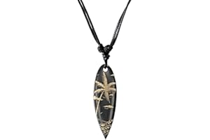 CHICNET Collana da surfista in legno con incisione in cotone regolabile marrone scuro marrone tavola da surf donna uomo catena in legno onde palma stella ibisco fiore della vita mandala spirale