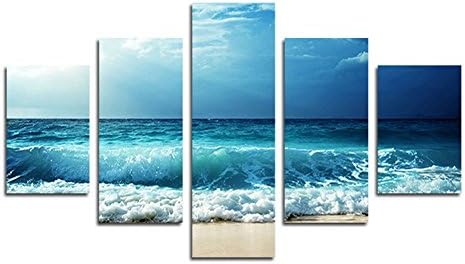 SwmArt 5 Piece Wave Sea Beach Seascape oil of the canvas art of the wall paintings for the room of modern printing (no frame) Swm133 50 inch x30 inch
