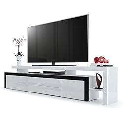 Meuble TV Bas Leon V3, Corps en Blanc Haute Brillance/Façades en Blanc Haute Brillance avec Une bodure en Noir Haute Brillance