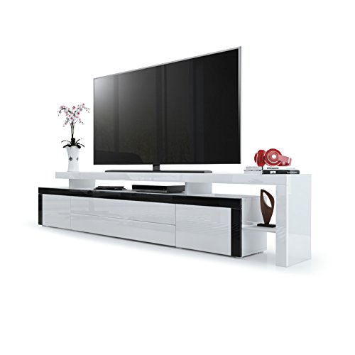 Meuble TV Bas Leon V3, Corps en Blanc Haute Brillance/Façades en Blanc Haute Brillance avec Une bodure en Noir Haute Brillance