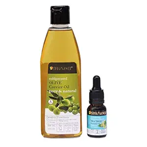 Soulflower Tea Tree Essential Oil 15ml & Coldpressed Olive Carrier Oil 225ml 100% Pure and Natural for Dandurff Free, long, Shiny and Strong Hair, Reduces Acne on Skin and Face - Pack of 2 (With Free Dropper)