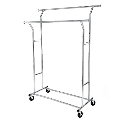 Songmics Portant/Penderie à vêtement métallique Double Barres extensibles Hauteur réglable Avec roulettes Chrome HSR12S